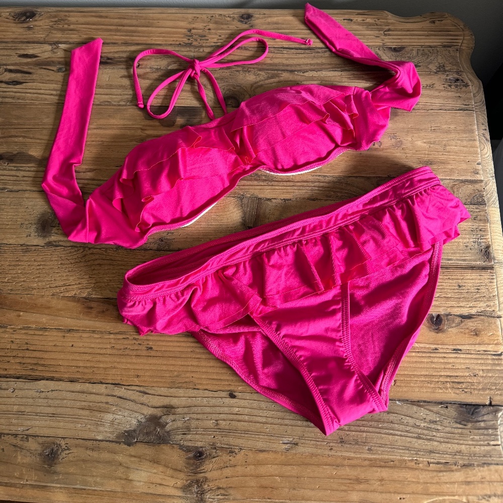 NWT Kenneth Cole Swimsuit Top Pink Ruffle Tie Neck Size Med - Picture 9 of 11